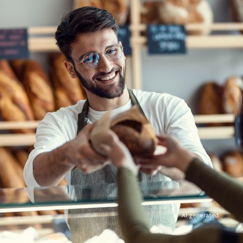 Shot of cheerful seller giving fresh loaf of bread to smiling woman in the pastry shop.