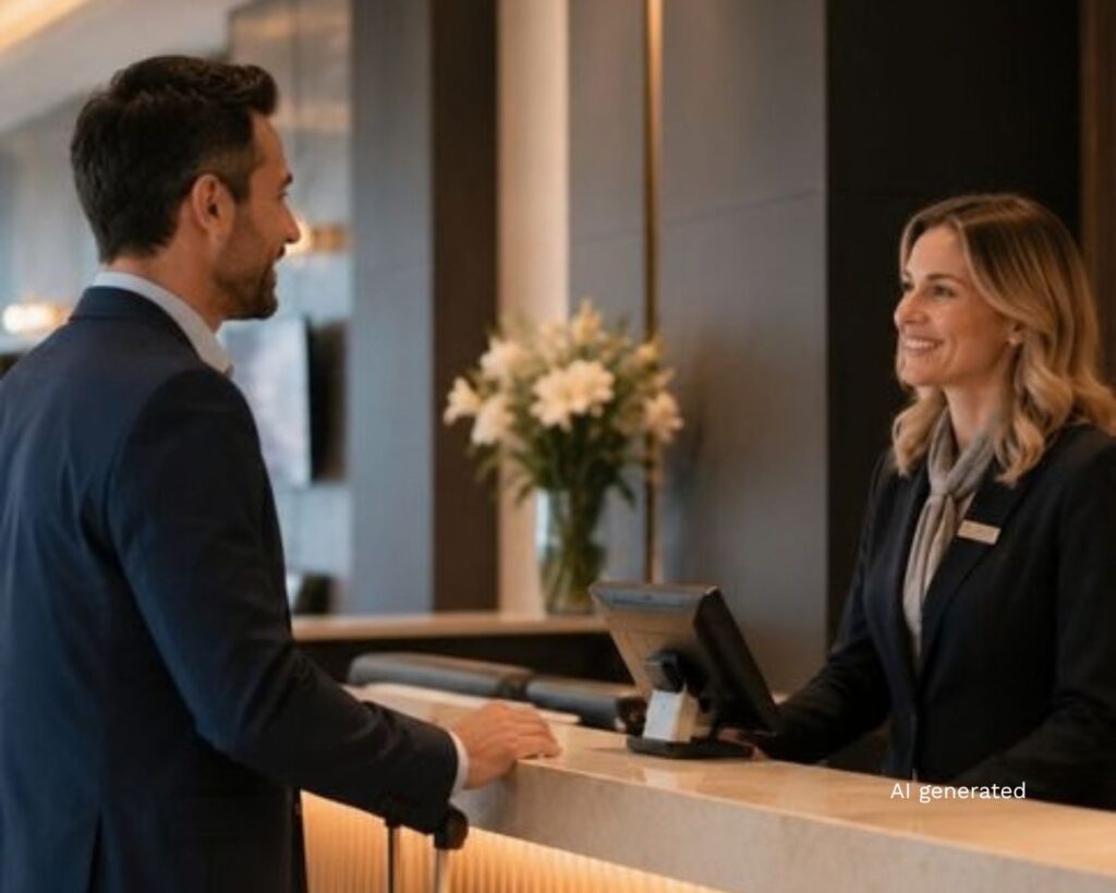 friendly receptionist welcoming a business guest