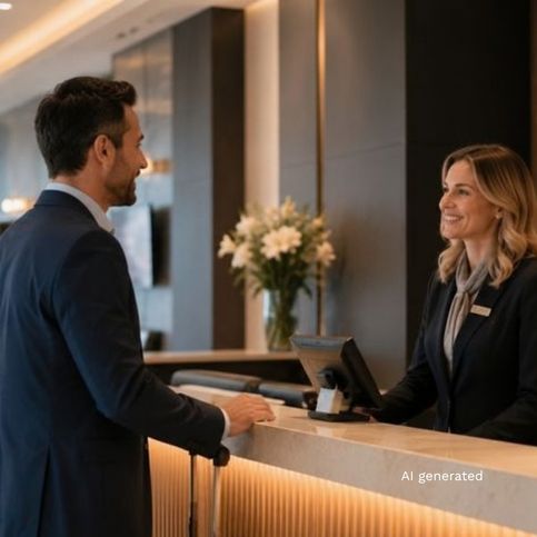 friendly receptionist welcoming a business guest