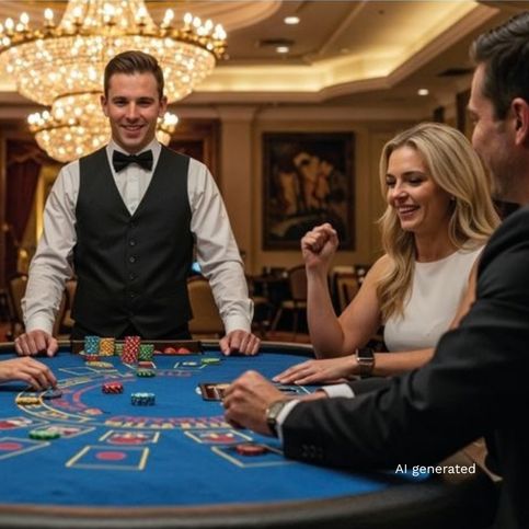 Casino players gathered around a blue gaming table with playing cards and casino chips, supervised by a dealer in an upscale casino environment with elegant lighting.
