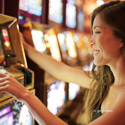 woman gambling in casino playing on slot machines spending money. Gambler addict to spin machine.