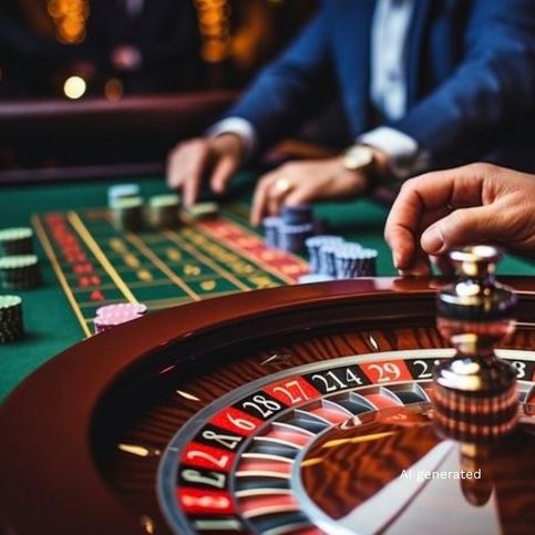 Casino roulette game in progress with a roulette table, betting chips, and players interacting with gaming chips in an upscale casino environment.