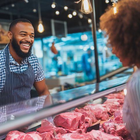 A friendly butcher serves a customer at a modern compact checkout