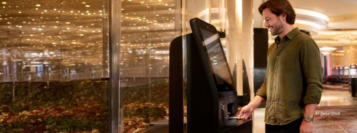 Casino guest using a self-service kiosk in a modern gaming venue, highlighting automated cash handling, ticket redemption, and digital transaction technology.