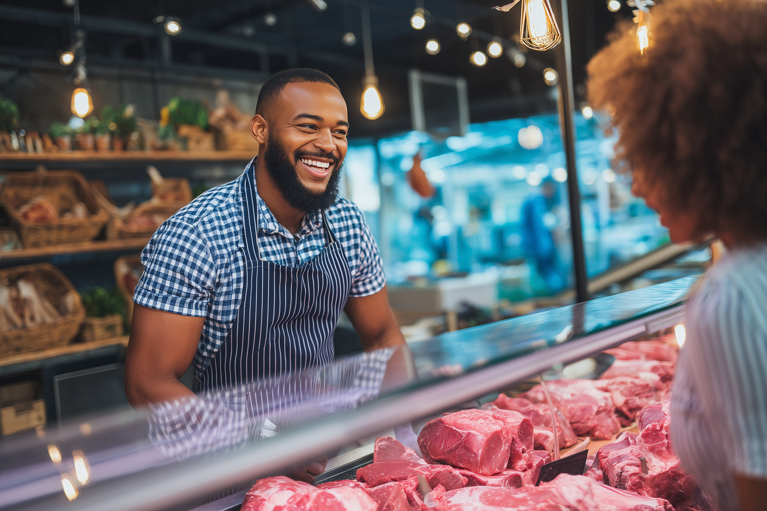 A friendly butcher serves a customer at a modern compact checkout