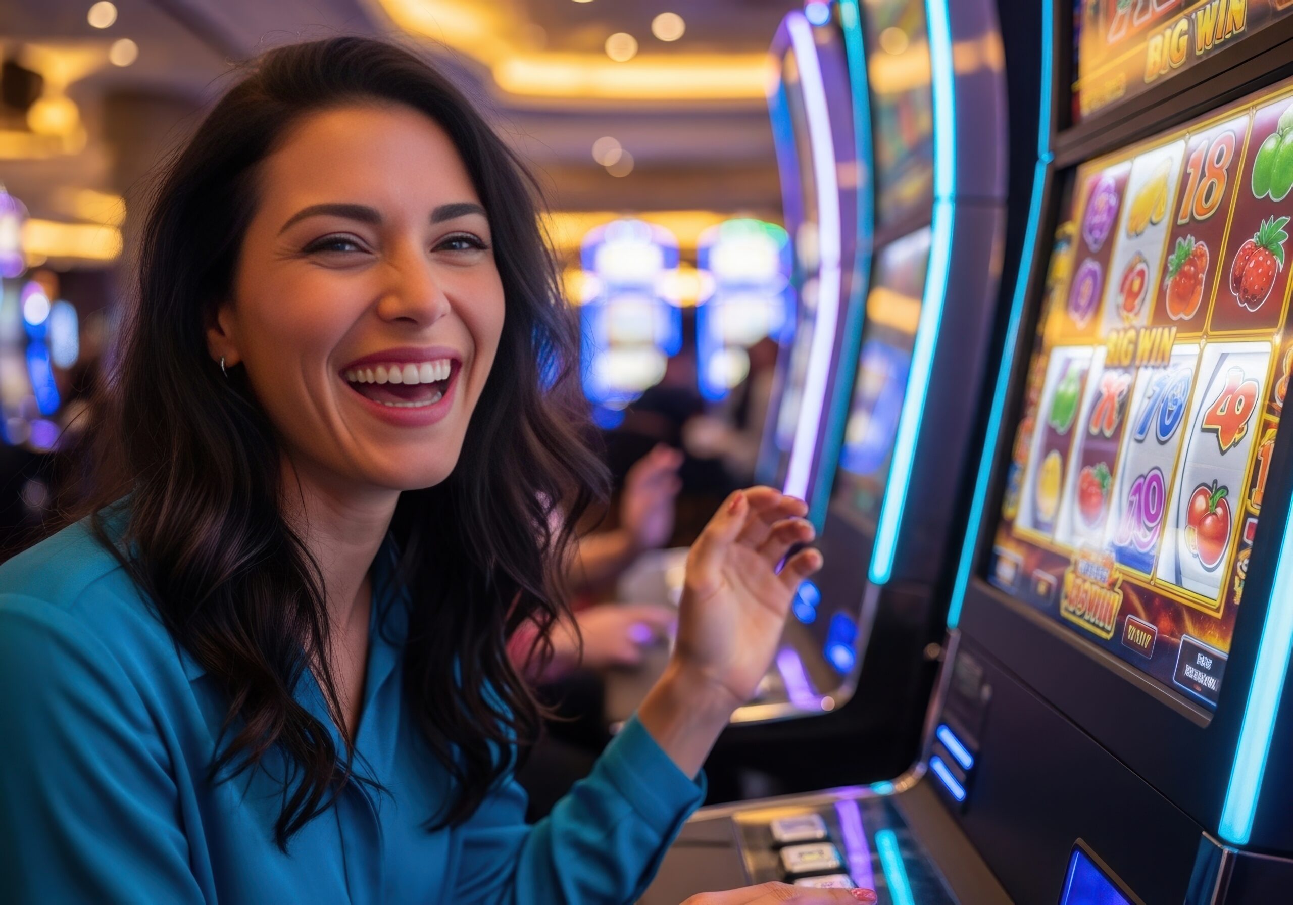 Happy woman looking at camera while playing slot machine at casino. Gambling and entertainment concept.