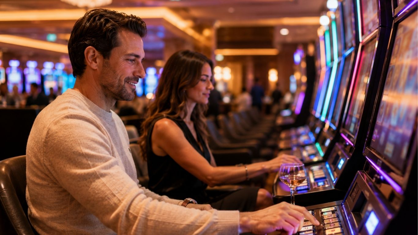 Two casually dressed adults are naturally playing premium slot machines, focused on the game