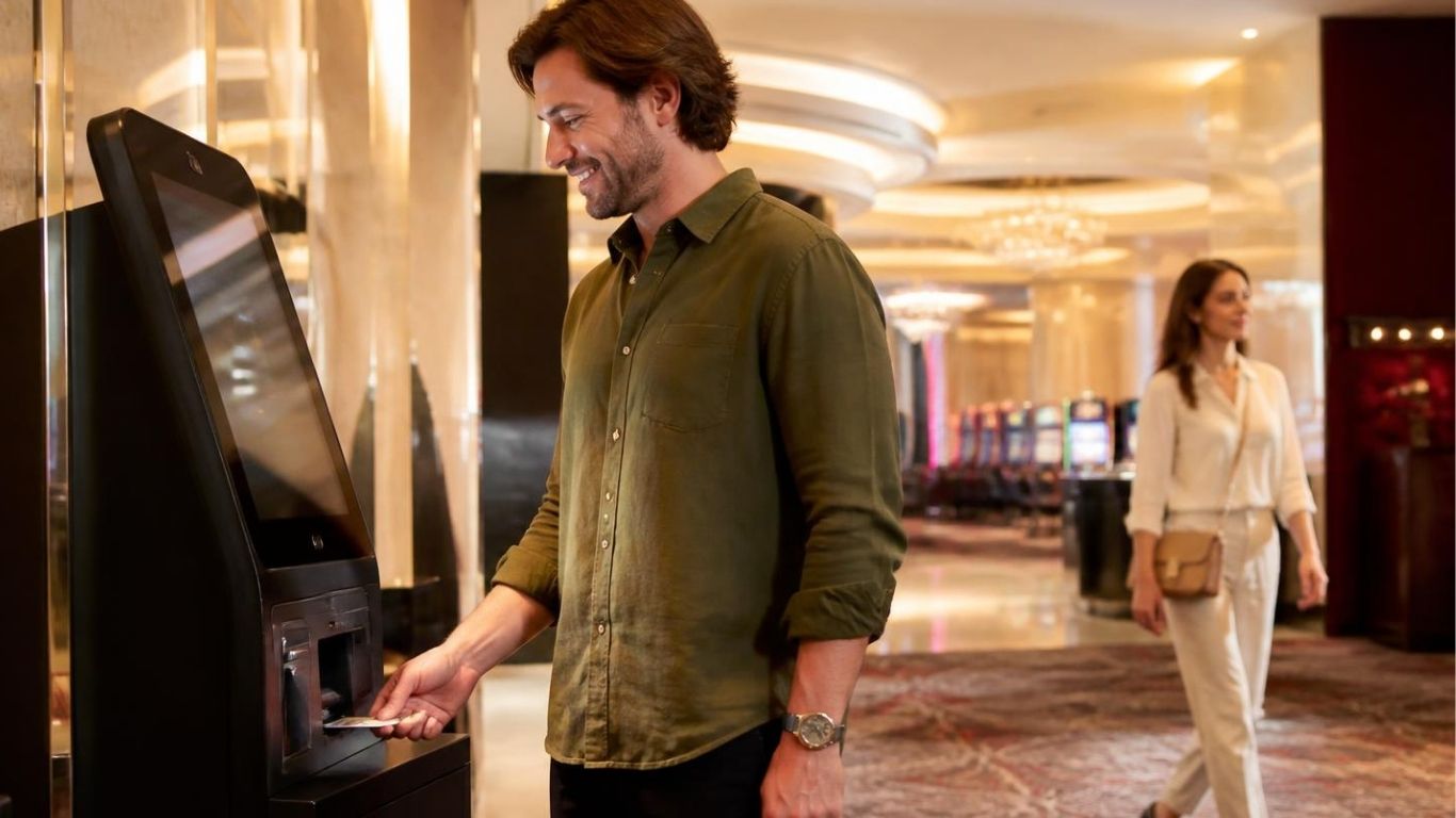 A man using a modern redemption kiosk