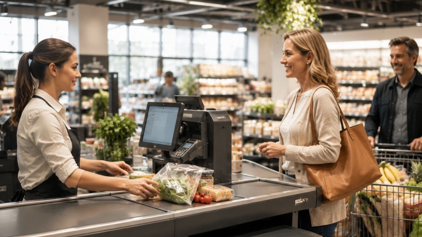 supermarket checkout with a long conveyor belt and a professional cashier serving customers