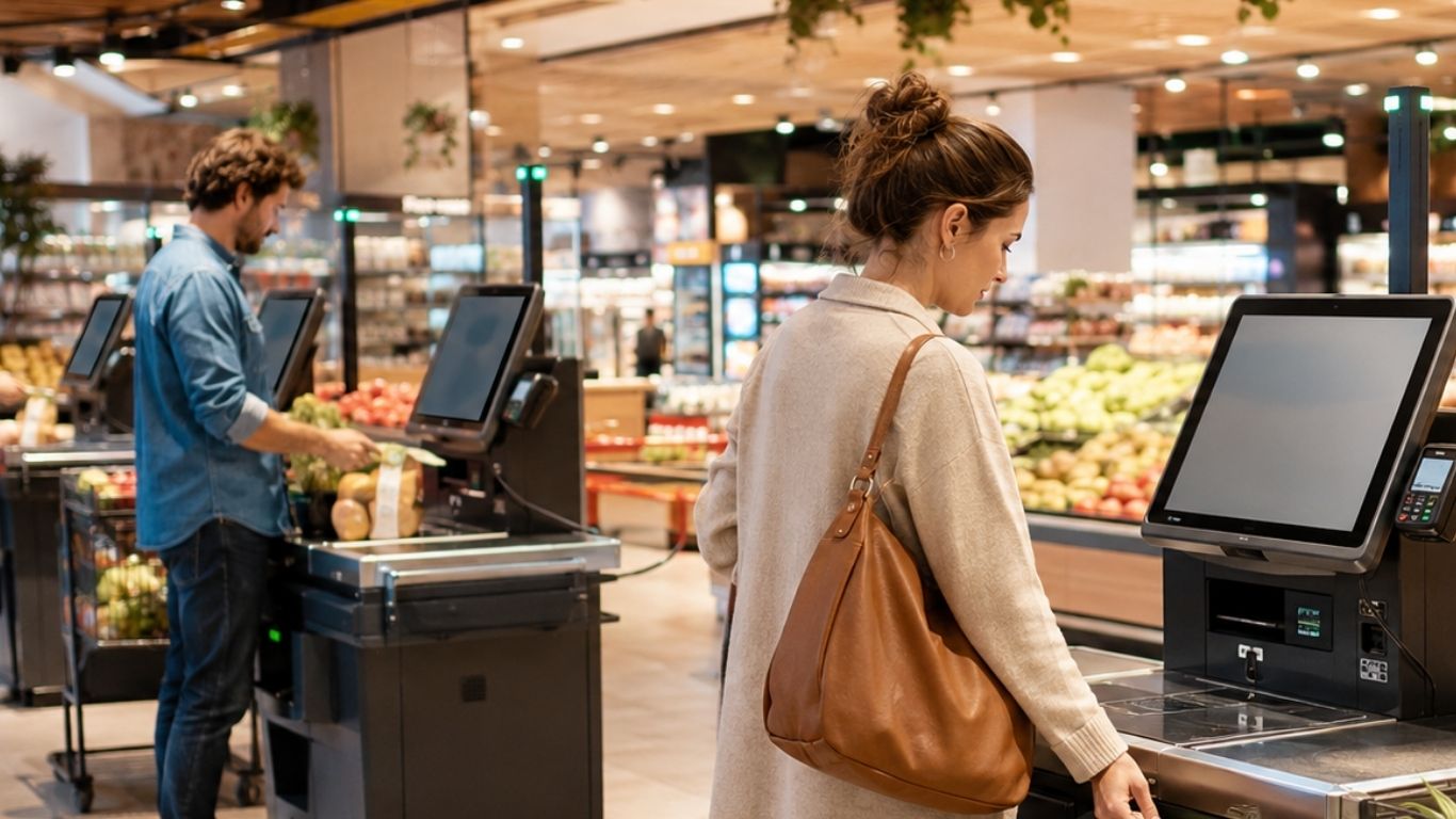 modern European supermarket with several self-checkout stations in use