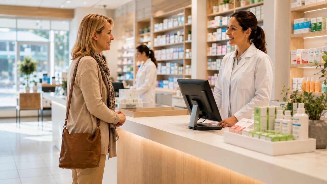 A friendly pharmacist serves a customer at a compact checkout
