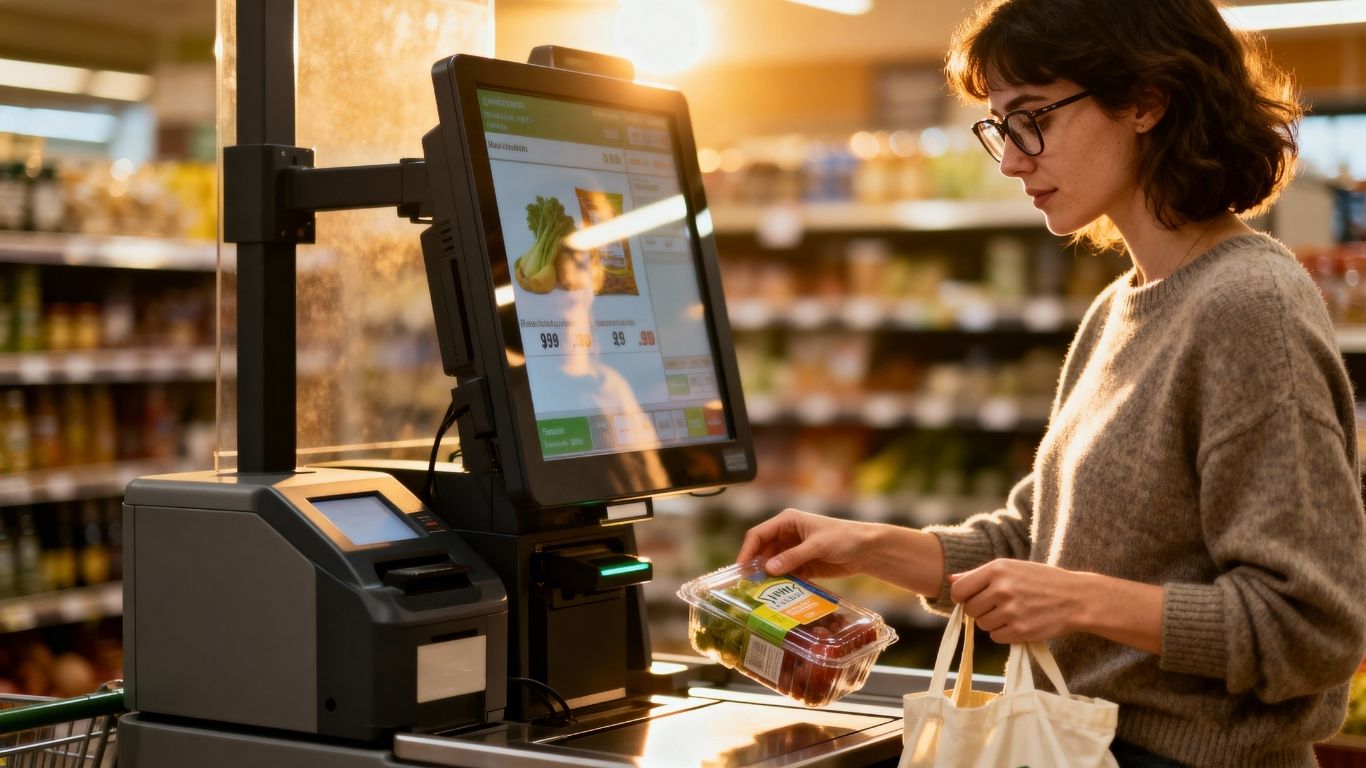 a women at a self check out in a supermarkets