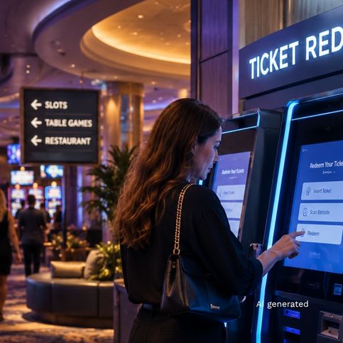 Casino guest using a ticket redemption kiosk in a modern gaming venue, highlighting self-service technology, automated cash handling, and digital payment solutions.