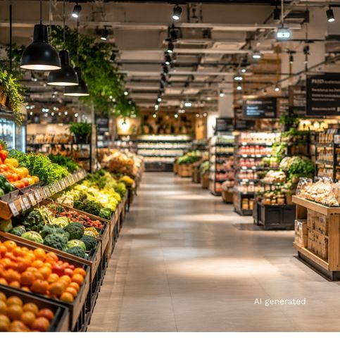 Modern grocery store with fresh fruits and vegetables, bright lighting, and spacious shopping aisles.