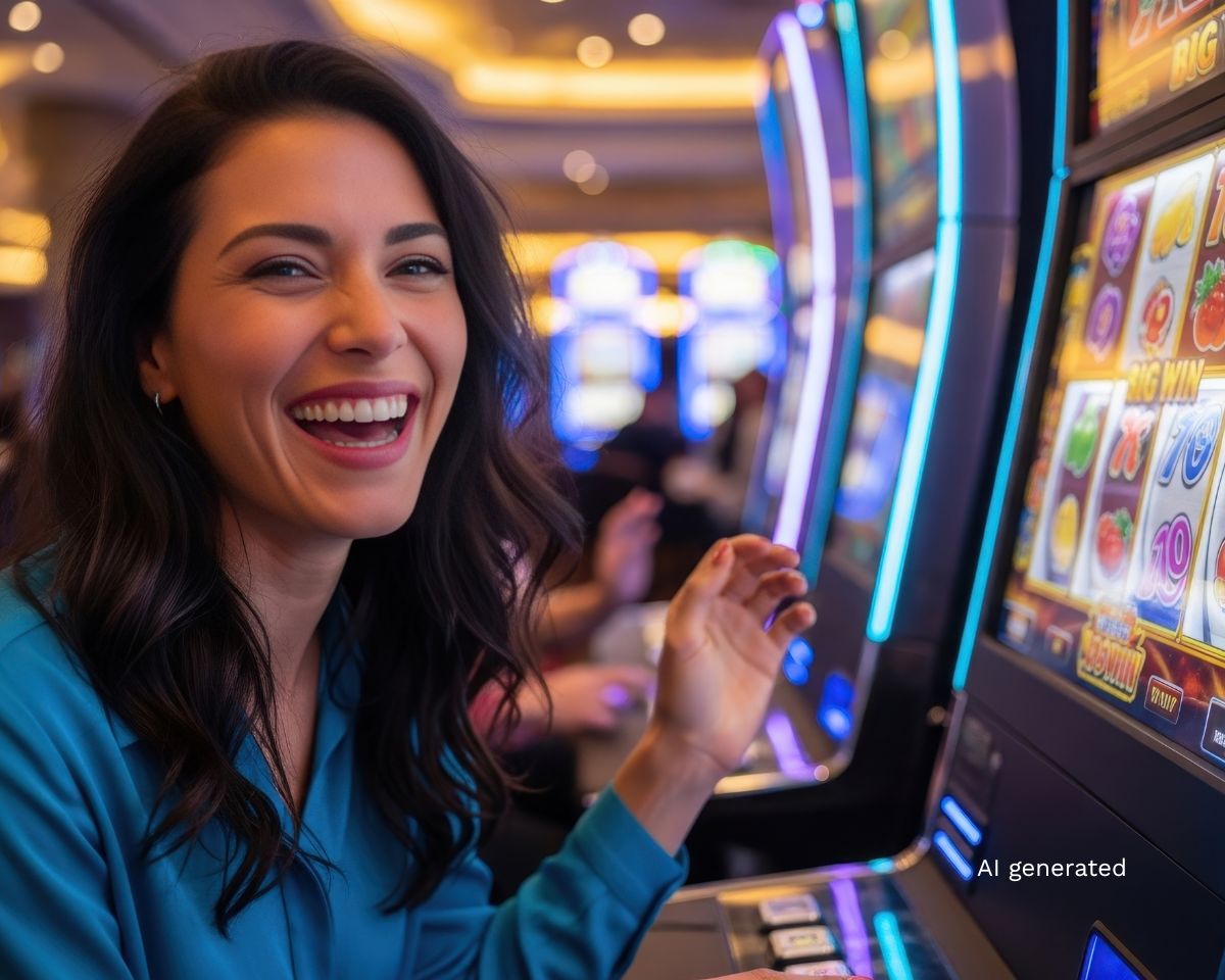 Happy woman looking at camera while playing slot machine at casino. Gambling and entertainment concept.