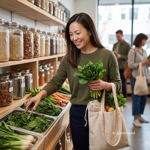 Woman shopping for fresh vegetables in a sustainable grocery store, using a reusable shopping bag.