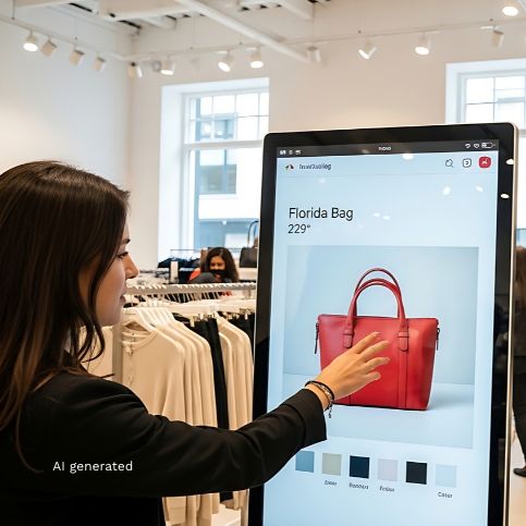 Woman using an interactive self-service kiosk to browse products in a modern fashion retail store.