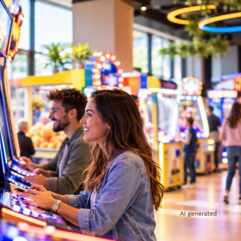 Smiling adults enjoying arcade games