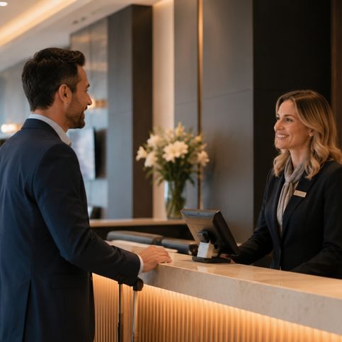 friendly receptionist welcoming a business guest
