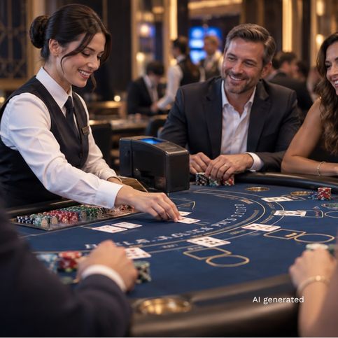 Casino dealer operating a live table game with players seated around a blue felt gaming table, featuring casino chips, playing cards, and modern gaming technology in an upscale casino setting.
