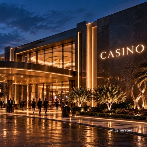 Modern luxury casino exterior illuminated at dusk, featuring elegant architectural lighting, palm trees, and visitors approaching the main entrance.