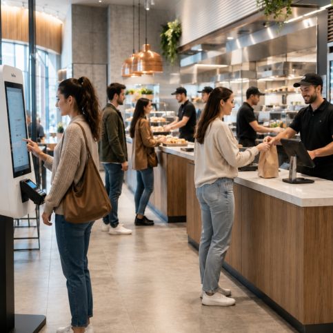 quick-service restaurant during a busy but well-organised service period.
